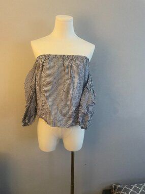 Active USA Blue & White Pinstripe Off Shoulder Top Size M